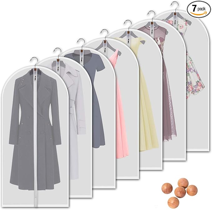 Hanging Garment Bags 7 Piece Set - 60 Inch Translucent Dust Proof Clothes Bag White Breathable Full Zipper Dust Cover for Suit Dance Costumes Gown Dress.