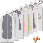 Hanging Garment Bags 7 Piece Set - 60 Inch Translucent Dust Proof Clothes Bag White Breathable Full Zipper Dust Cover for Suit Dance Costumes Gown Dress.