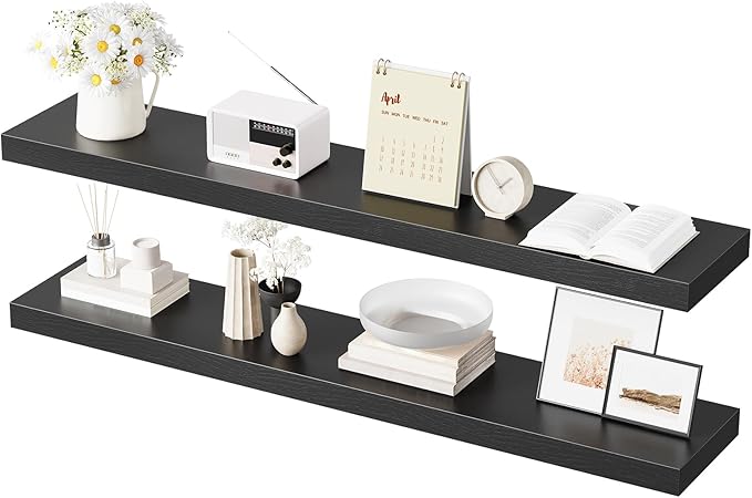 HOOBRO Floating Shelves for Wall, Wall Mounted Shelf Set of 2, 47.2" Hanging Shelf with Invisible Brackets, for Wall Decor Storage in Bathroom Bedroom Kitchen Living Room Office, Black BK120BJP201