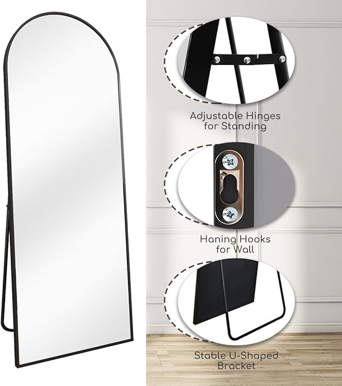 Prywot Arched Floor Mirror, 58 "x 18" Full Length Mirror Wall Mirrors Hanging or Leaning Arched-Top Full Body Mirrors with Stand for Bedroom, Dressing Room, Black