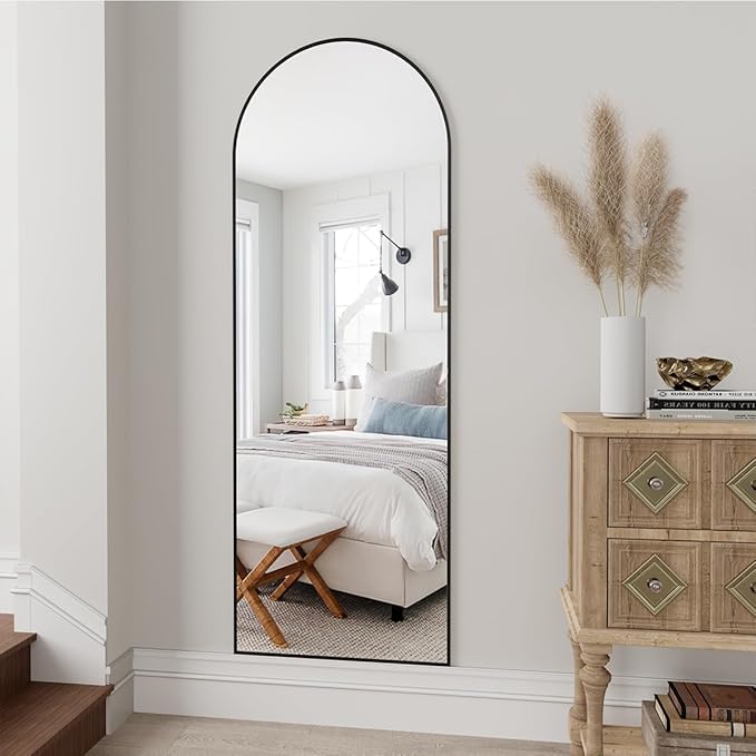 Dewfig Arched Full Length Mirror, 58"x18" Large Floor Mirror with Stand, Full Body Mirrors for Leaning or Hanging, Wall Mirrors for Bedroom, Living Room,Dressing Room, Black