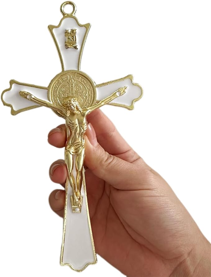 BONITTER Golden St Benedict Crucifix Metal Wall Art, 7.8x4.1 Inch Cross, Blue/White/Black/Red Wall Decor, Saint Benedic Cross for Home Decoration, Catholic Gift (White)