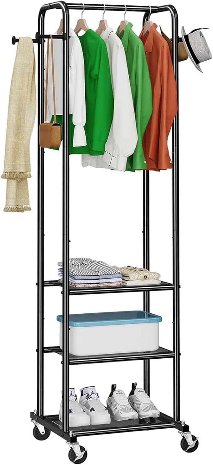 Heavy Duty Clothing Rack with Wheels, Modern Garment Rack with 3 Metal Shelves, Black
