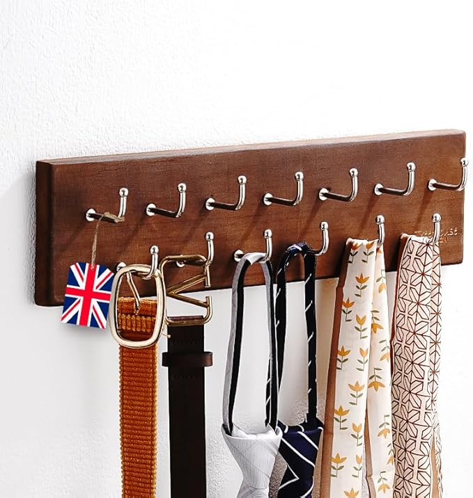 Treehouse Belt Organizer Rack, Holds Over 28 Large Belts, Sturdy Metal & Sturdy Wood Storage Holder for Closet, Versatile, Wall Mounted Belt & Tie Display Hanger for Bedroom - (Walnut) 4.25''Hx16''L