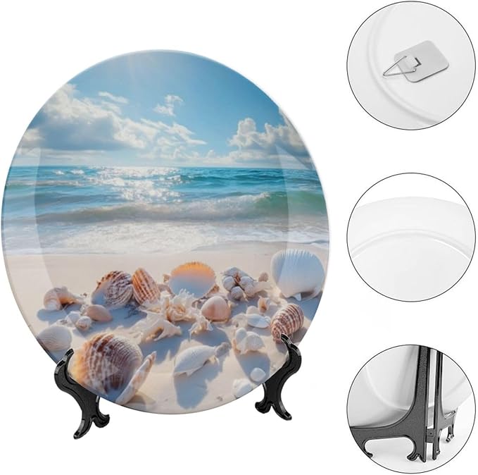 Shell Theme Decorative Ceramic Plate Round Porcelain Plate,8 inch,Beach Pattern,for Decorative Ornaments Giving Plates,1 Plate with 1 Display Stand,Off White Brown