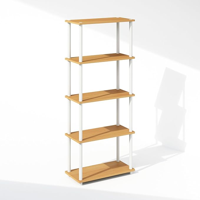Furinno Turn-N-Tube Book Shelf, 5-Tier Bookshelf, Bookcase with Multipurpose Compact Display Rack, 11.6 x 23.6 x 57.4, for Living Room, Bedroom, Home Office, Beech/White