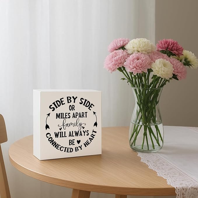 Farmhouse Home Decor, Family Sign - Side By Side or Miles Apart, Family Room Decor, Long Distance Gift, Box Sign Tabletop, Living Room Decoration, Hallway Decoration, 5.1x5.1inches