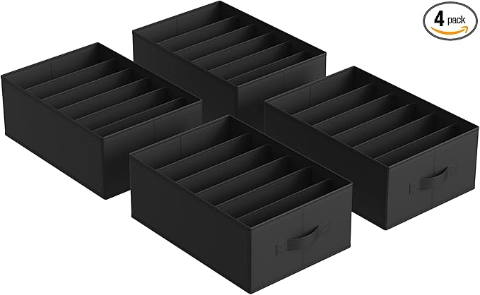 SONGMICS Set of 4 Large Size Wardrobe Clothes Organizers, 6-Compartment Foldable Drawer Organizers with Handles, 16.5 x 11.8 x 6.7 Inches, for Pants, Sweaters, Jeans, Ink Black URUS009B04