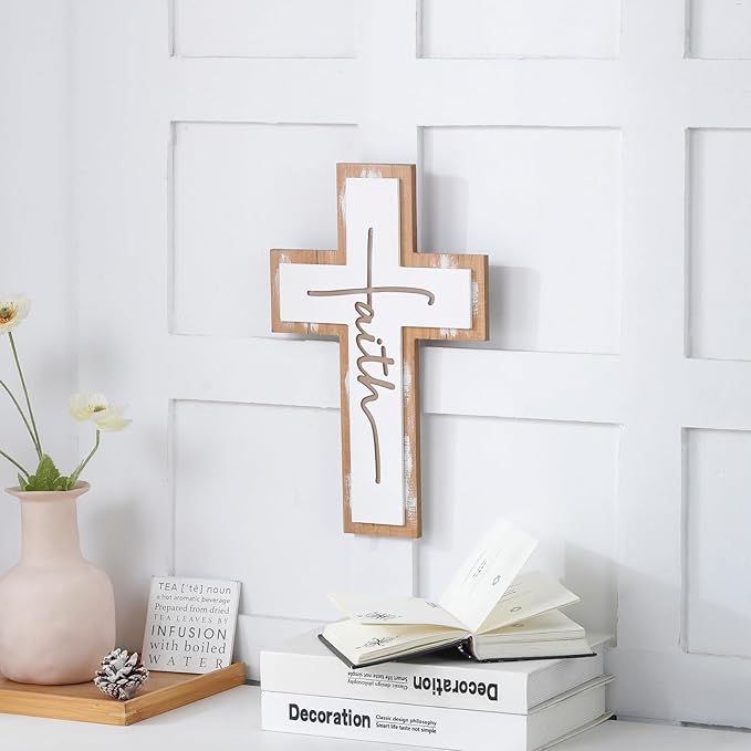 TRENDIN Rustic Wood Cross Wall Decor, Wooden Cross with Faith Cutout, Vintage Farmhouse Christian Home Decor for Living Room, Entryway, Bedroom, Religious Inspirational Gifts