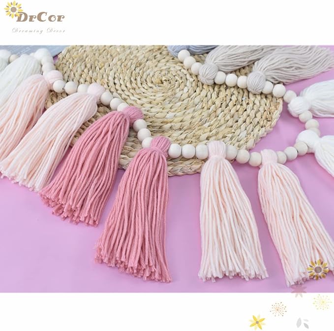 DrCor 16ft Pink & Grey Boho Tassel Garland – Handmade Yarn Bunting Banner for Nursery, Kids Room or Dorm, Baby Shower, Birthday Party Backdrop, or Cozy Home Decor