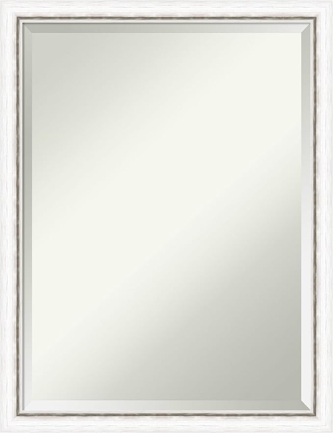 Amanti Art White Wall Mirror 26x20 Morgan White Silver Rectangle Bathroom Mirror for Wall Decor Living Room, Medium Modern Wood Frame, Hangs Horizonally and Vertically, Bathroom Decor, Beveled Edge