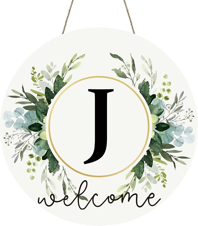 Monogram Letter J Wreaths for Front Door Wreath Wooden Welcome Sign for Front Door Decor Floral Family Last Name Initial House Warming Spring Summer Porch Rustic Wall Home Kitchen Boho Decorations