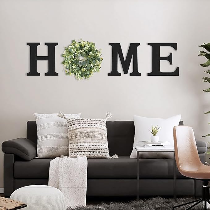 Wooden Home Sign with Artificial Peach Heart Eucalyptus Wreath for O, Hanging Farmhouse Wall House Autumn Decor Wood Letters for Wall Art Rustic Home Decor, Wall Decor for Living Room Kitchen Entryway
