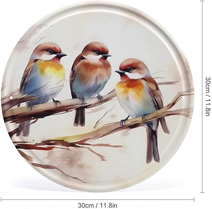 Wall Picture, with Birds Resting on Tree Branch Printed Circular Iron Hanging Picture,Wall Art Decor,Home for Bedroom Living Room Bathroom Decor,Iron Painting 11.8X11.8 in