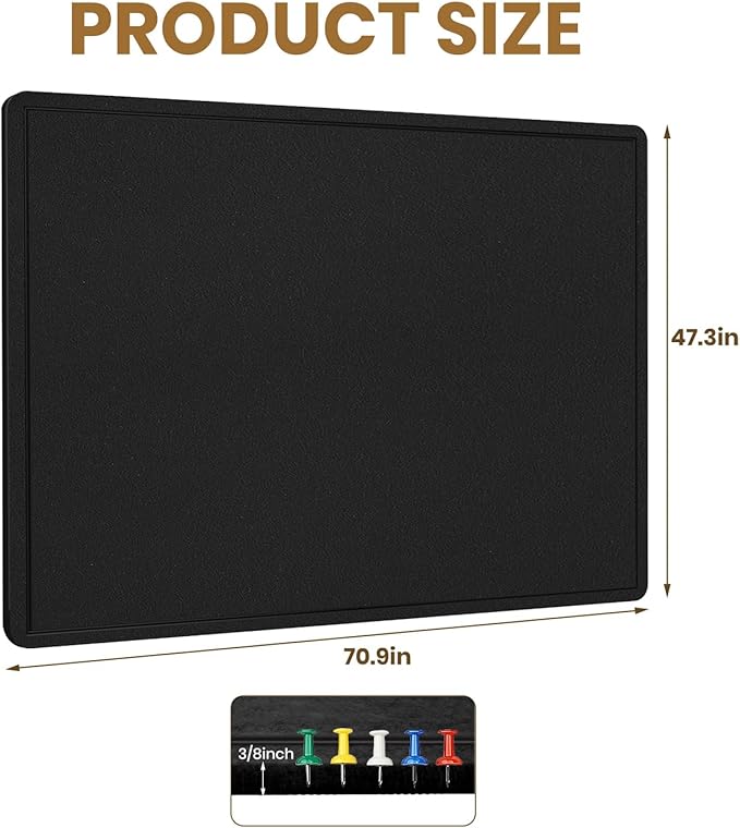 Large Bulletin Board - 72 X 48 inches Cork Board with 30 Pushpin, 6' x 4' Felt Cork Board Notice Pin Board, Self-Adhesive Vision Board Mood Board Foldable Photo Board for Wall (Black)