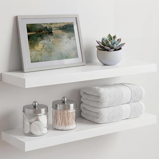 Homeforia White Floating Shelves 24 inch, High End Solid Real Wood 24inch Bathroom Floating Shelf for Wall Mounted, White Wooden 24in Floating Shelves, Heavy Duty Bracket, 24 X 6.5 X 1.75 in, Set of 3
