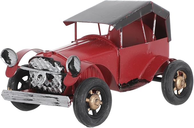 Vintage Metal Classic Car Model, Retro Automobile Figurine, Red Antique Vehicle Ornaments Rustic Decor for Office Shelf Display