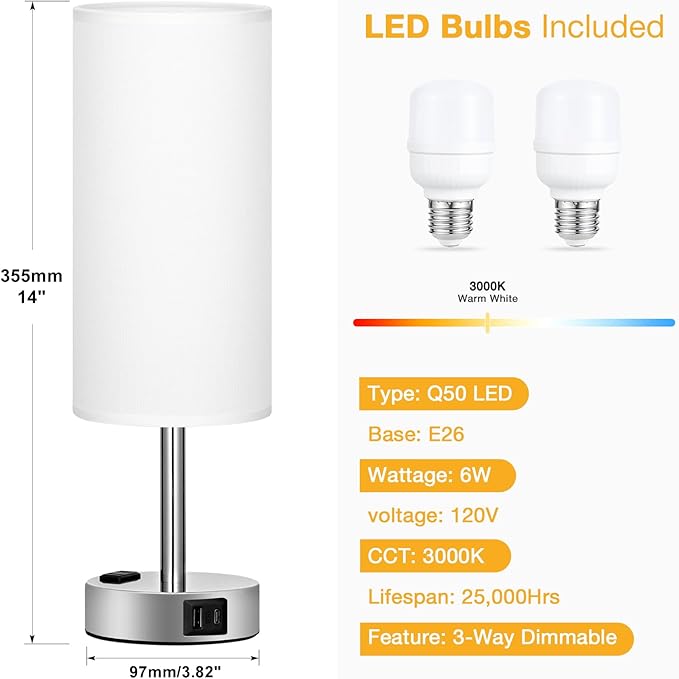 PartageiZ White Touch Nightstand Lamps Set - 3 Way Dimmable Bedside Table Lamp for Bedroom with USB Ports, Small Lamps with AC Outlet for Girls Dorm Nursery, Silver Base