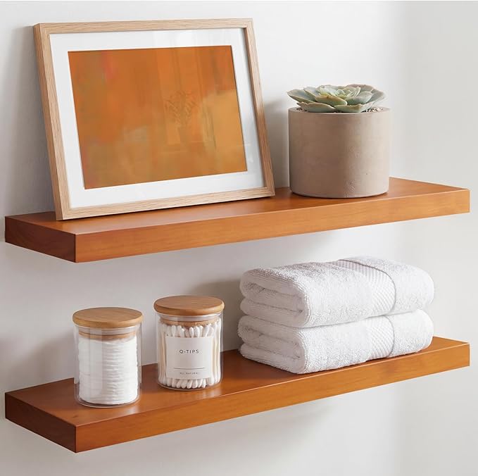 Homeforia 24inch Oak Floating Shelf for Wall, High End Solid Real Wood 24 inches Long Floating Shelves for Bathroom, Honey Oak Wooden Floating Shelves, Heavy Duty Bracket, 24 X 6.5 X 1.75 in, Set of 3