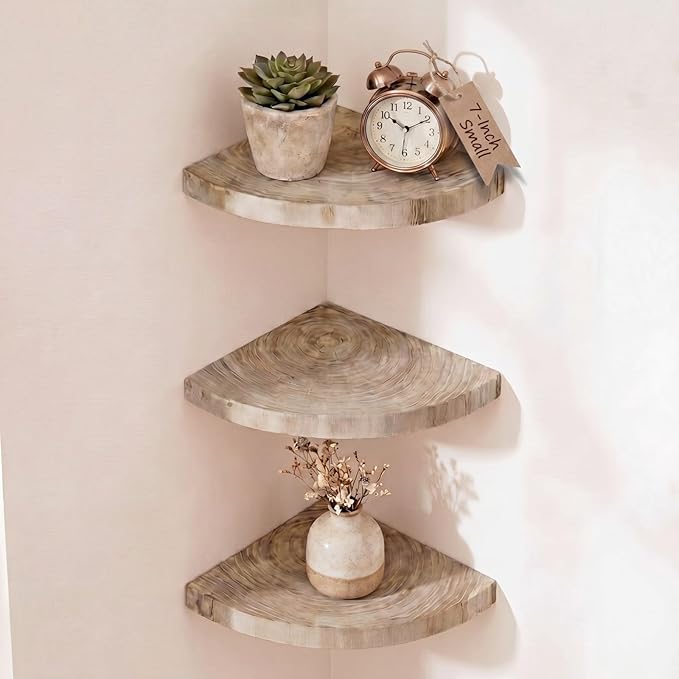 3 Pcs Small Corner Floating Shelves for Wall Solid Wood 7 Inch Rounded Corner Shelves Wall Mounted Natural Solid Elm Wood Shelf Rustic Style Wooden Hanging Shelf for Bedroom Decor(Wooden)