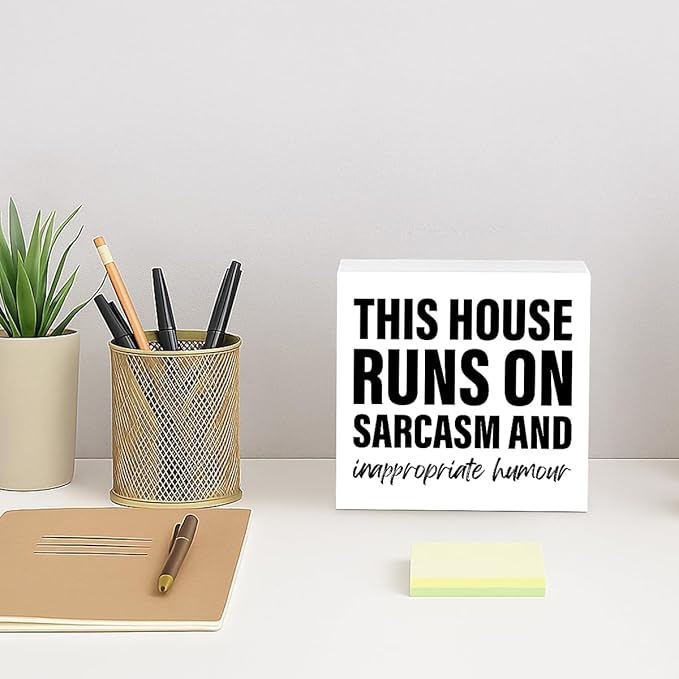Funny Wood Signs, This House Runs On Sarcasm and Inappropriate Humor Sign, Funny Home Decor, Housewarming Gift, Box Sign Tabletop, Living Room Decor, Hallway Decoration, 5.1x5.1inches