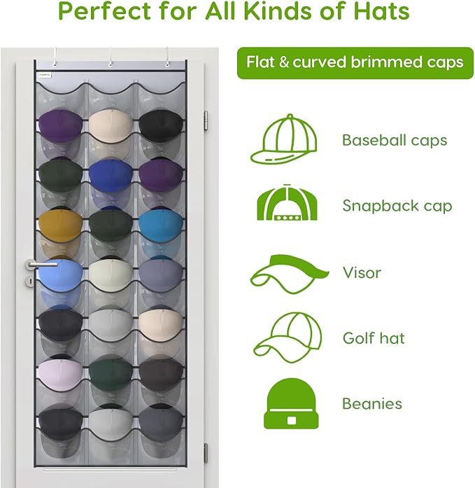 Unjumbly Baseball Hat Rack, 24 Pocket Over-The-Door Hat Organizer with Clear Deep Pockets to Display Baseball Caps Collection, Complete with 3 Over Door Hooks (Grey, 24 Pockets)