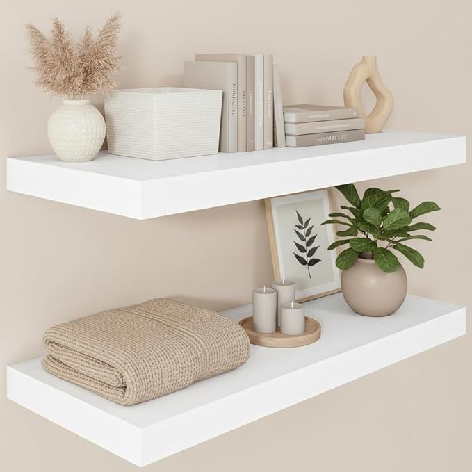 Vivelove 30x12 Inch Floating Shelves for Wall, 12 Deep Shelves for Room Wall Mounted, 2" Thick Floating Shelf for Living Room Bedroom Bathroom Kitchen Laundry Room, Set of 2 White