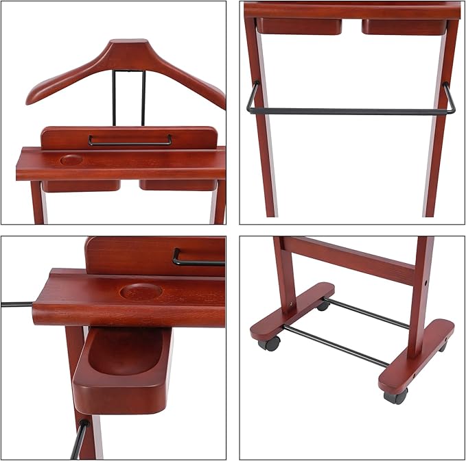 Suit Valet Stand | Valet Stand for Man and Women | Wooden Valet Stand with Drawer | Freestanding Clothes Rack | Contour Hanger | Top Tray | Trouser Bar | Tie & Belt Hooks | Bottom Shoe Rack