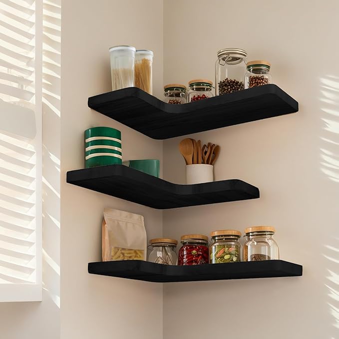 Floating Corner Shelves Set of 3, Solid Wood Picture Wall Shelf, Floating Shelves for Storage for Bedroom Kitchen Bathroom Living Room (Black)