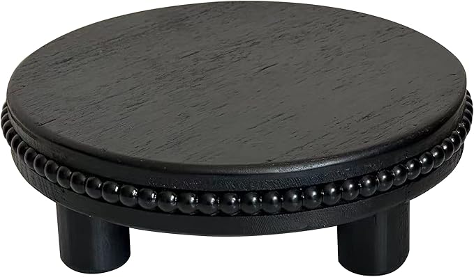 dwellington Farmhouse Beaded Wood Tray Risers for Display, 7.6” Wooden Decorative Tray for Kitchen Home Decor, Display Pedestal Stand for Countertop, Black Round Wood Riser for Soap Dish