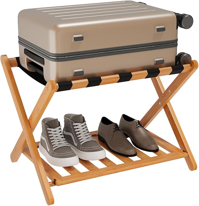 Smuxee Fully Assembled Honey Luggage Rack, Upgraded Bamboo Foldable Suitcase Stand with 5 Nylon Straps, Luggage Holder with Shelf for Guest Room Bedroom Hotel