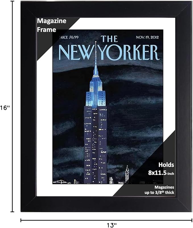 Creative Picture Frames 8 x 11.5 Magazine Frame with Full-Strength Glass, Holds Up To A 1/8" Thick Media with Installed Hangers for Easy Mounting, 11x14 Black Frame with White Mat