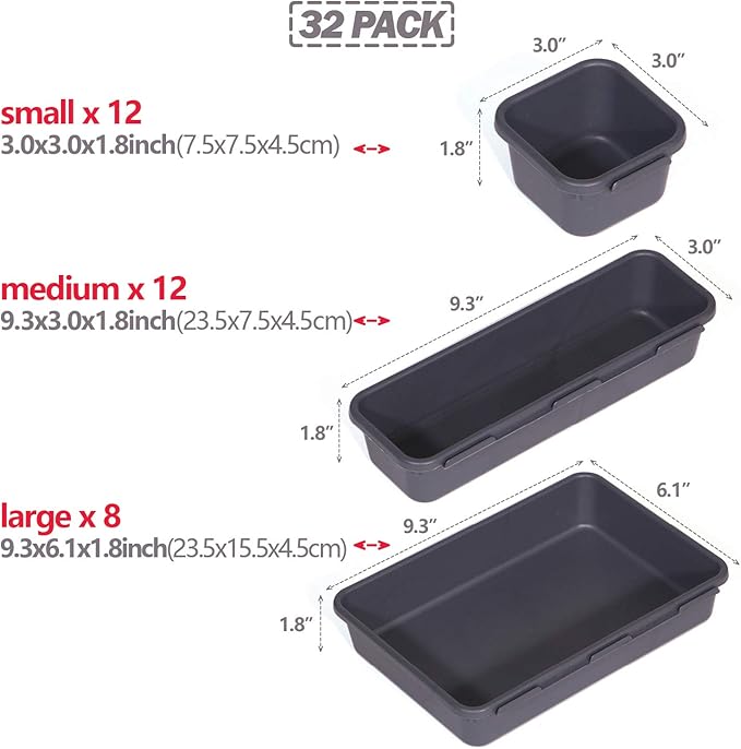 Set of 32 Interlocking Desk Drawer Organizer Tray Dividers Plastic Shallow Narrow Drawers Organizers Separators Storage Bins Container for Kitchen Bathroom Makeup Office Vanity Bedroom Dresser