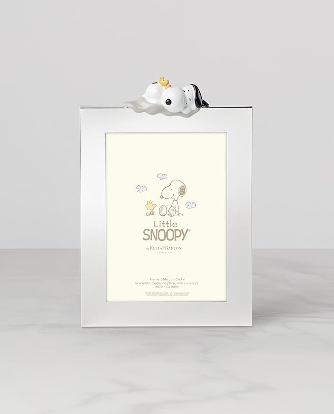 Reed And Barton Home Decor, Little Snoopy Frame 5X7-Inch, Metal Material, Spot Clean, Holds 1 5X7 Picture, Picture Frames, Kids Room Decor, Playroom Tabletop Decoration, Snoopy Design(Silver, 1 Piece)
