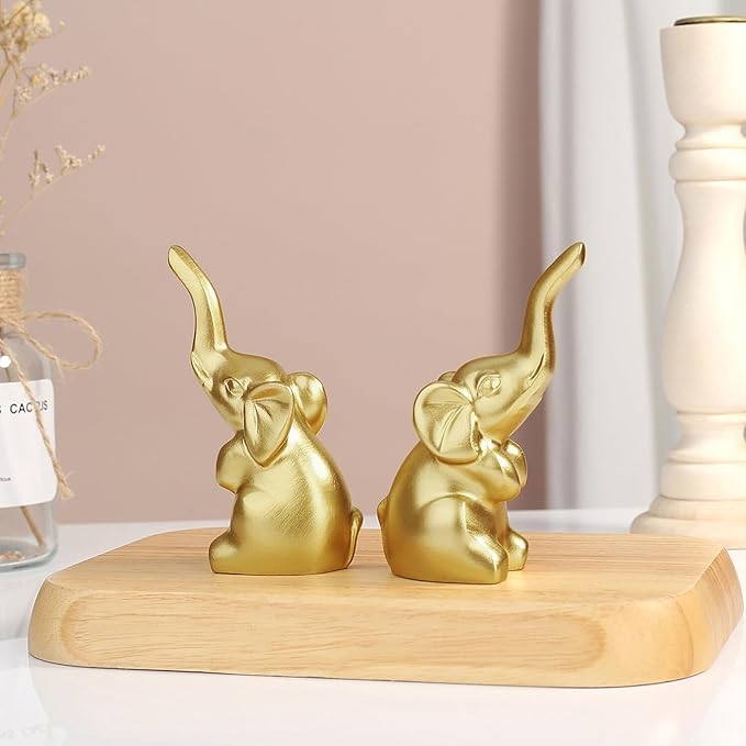 DUQGUHO Mini Gold Elephant Gifts for Women, Modern Style Small Golden Animal Statue, 2PCS Elephant Decor for Desk Shelves 3.5Inch