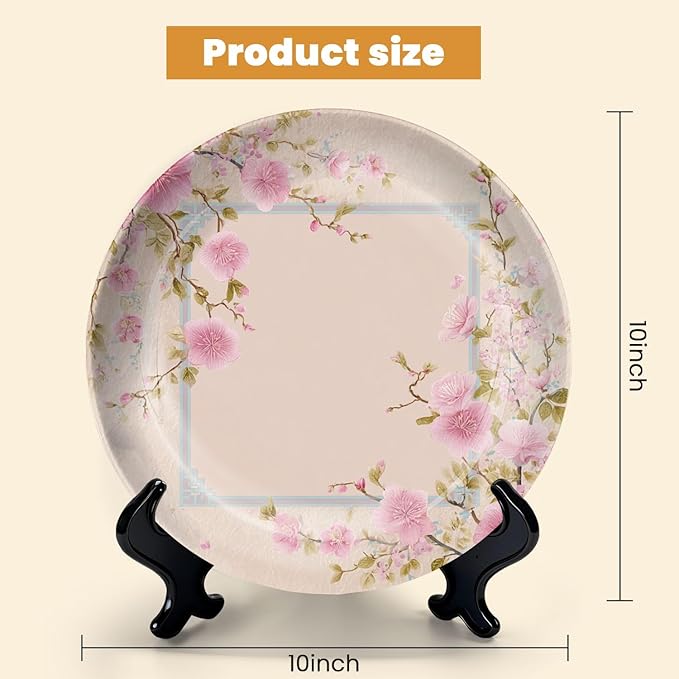 HABEN ARTWORK 10" Ceramic Plates for Display Delicate Pink Floral Frame Oriental Style Border Soft Pink Decorative Plate with Stand and Hook for Kitchen Dining Room Wall Hanging Decor