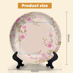 HABEN ARTWORK 10" Ceramic Plates for Display Delicate Pink Floral Frame Oriental Style Border Soft Pink Decorative Plate with Stand and Hook for Kitchen Dining Room Wall Hanging Decor