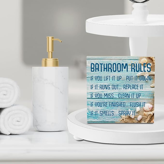 Beach Bathroom Decor Bathroom Rules Starfish Summer Decorations Wooden Box Sign for Home Office Farmhouse Table Shelf