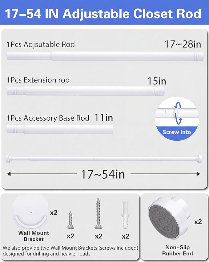 No Drilling Closet Rods for Hanging Clothes, Non Slip Tension Rod with Heavy Duty Clothes Hanging Rod, 17-54 Inches Adjustable Spring Closet Rod for Closet Wardrobe Bathroom Laundry RV, White