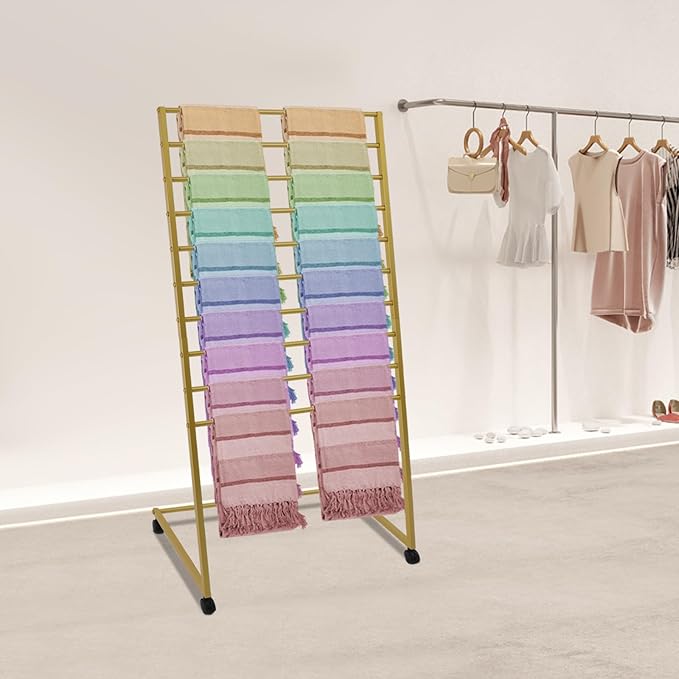 DouSeiAi 10-Tier Movable Scarf Organizer Holder Accessory Display Stand, Freestanding Metal Organizer Rack for Retail Stores, Towel, Belts, Ties, and Pants (Gold, 10-Tier)