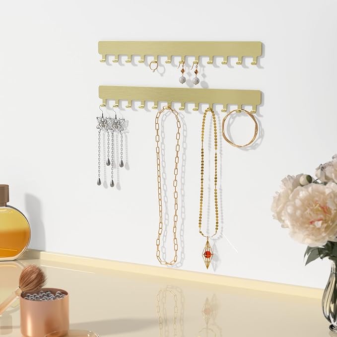 Necklace Holder Hanging Jewelry Organizer: Self-Adhesive Wall Organizer for Necklaces, 2 Pack, Gold