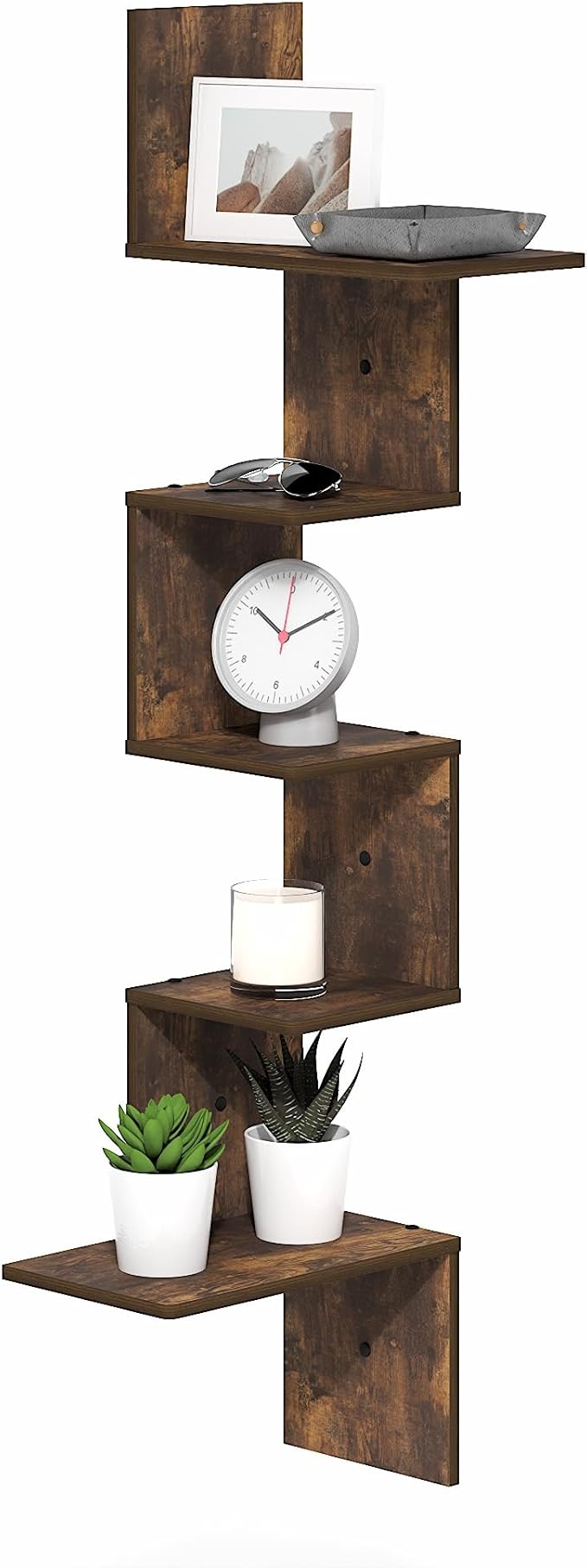 Furinno Rossi Corner Floating Shelves for Wall, 5-Tier Corner Rectangular Wall Shelf, S-Shape Radial Floating Book Shelf, Easy Assembly, for Bathroom, Bedroom, Living Room, Amber Pine