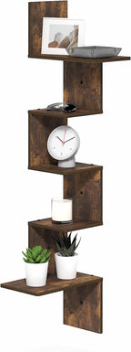 Furinno Rossi Corner Floating Shelves for Wall, 5-Tier Corner Rectangular Wall Shelf, S-Shape Radial Floating Book Shelf, Easy Assembly, for Bathroom, Bedroom, Living Room, Amber Pine