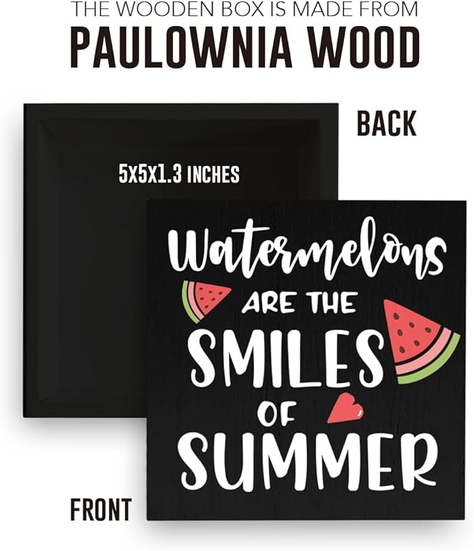 IYEZH Summer Decor Watermelon Wood Box Sign 5 x 5 Inches Desk Decor Rustic Country Wooden Square Sign Decor Watermelon Summer Decorations for Home Beach House Outdoor Shelf Wall Farmhouse Table Shelf