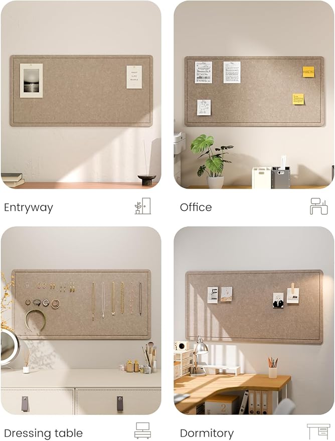 Fluxynara Bulletin Board, 35" x 17.5" Cork Board Alternative with 12 Safe Removable Adhesive Tabs, Foldable Felt Pin Board for Home Office, Classroom, Bedroom,Entryway for Walls—Taupe