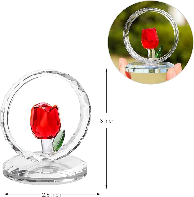 LONGWIN Crystal Red Rose Flower Figurine Collectible Glass Spring Bouquet Decorative Ornaments for Home Office,Romantic Valentine’s Day, Anniversary & Wedding Gifts for Women