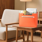 Leather Magazine Holder Foldable with Handles，Stable Magazine Rack Floor，Magazine Basket File Holder Storage，Document File Folder Organizer Free Standing for Office Living Room (orange)