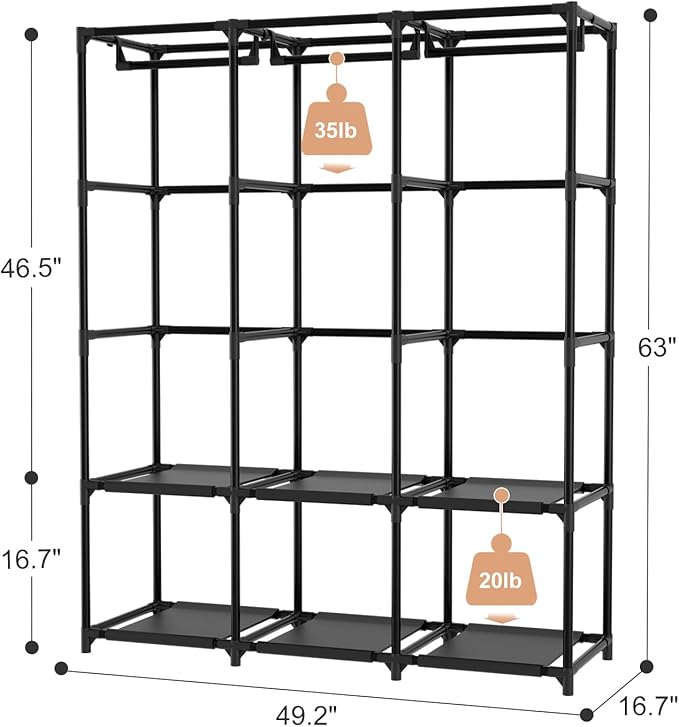 Wardrobe Closet Portable Closets for Hanging Clothes Large Capacity Clothes Rack with Cover, 3 Hanging Rods, 6 Shelves and 8 Pockets, Strong and Stable Free Standing Closet for Bedroom, Black
