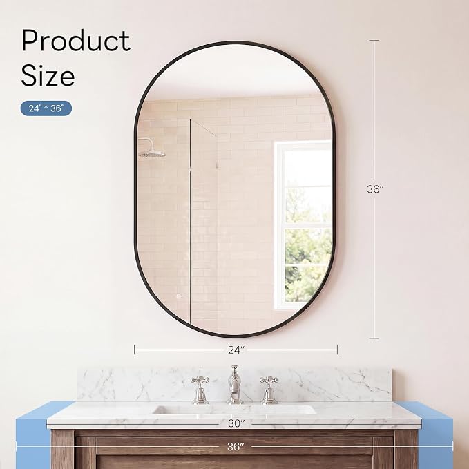 Sweetcrispy 24" x 36" Black Bathroom Mirrors for Wall, Oval Wall Mirror with Metal Frame, Tempered Glass, Modern Vanity Mirror for Over Sink, Living Room, Bedroom, Entryway, Horizontal or Vertical