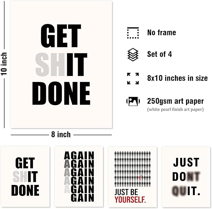DSHFG Motivational Office Wall Art Prints Set of 4, Office Artwork Wall Decor, Just Be Yourself Motivational Quotes, 8x10 Unframed